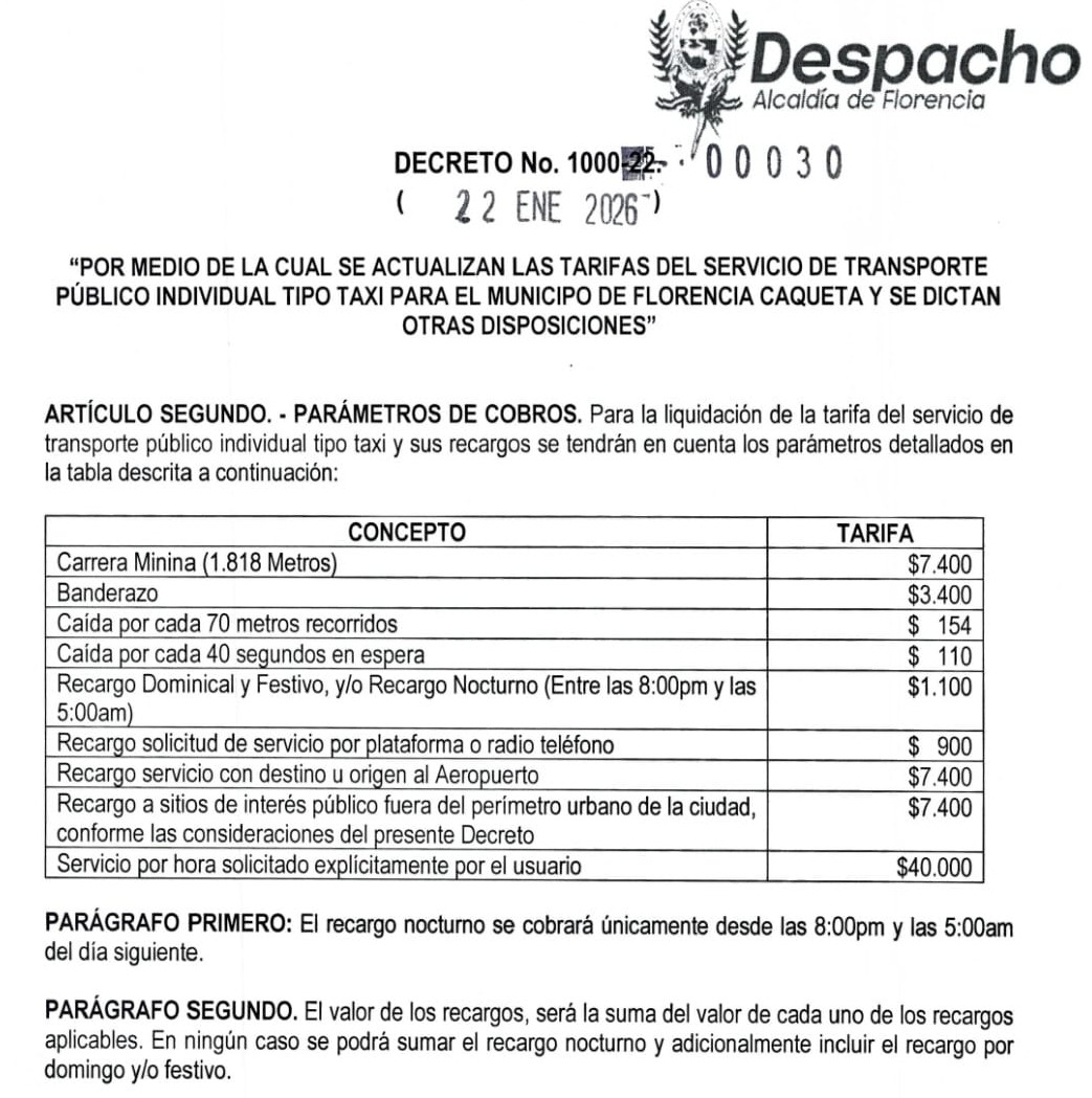 Conozca las nuevas tarifas para el servicio de taxi en Florencia ...